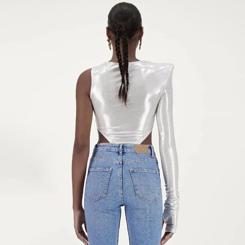 Shoulder Pads Metallic Asymmetrical Sexy Bodysuit Casual Playsuit Soild Splicing Lady Jumpsuit Slim Fit O-Neck Streetwear Tops