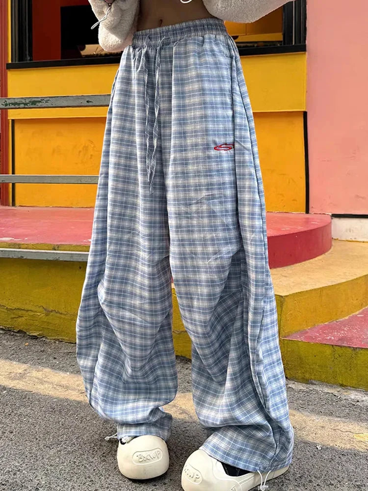 Zoki Streetwear Y2K Plaid Pants Women Vintage American High Waist Scimitar Pants Harajuku Oversize Loose Bf Casual Trousers New
