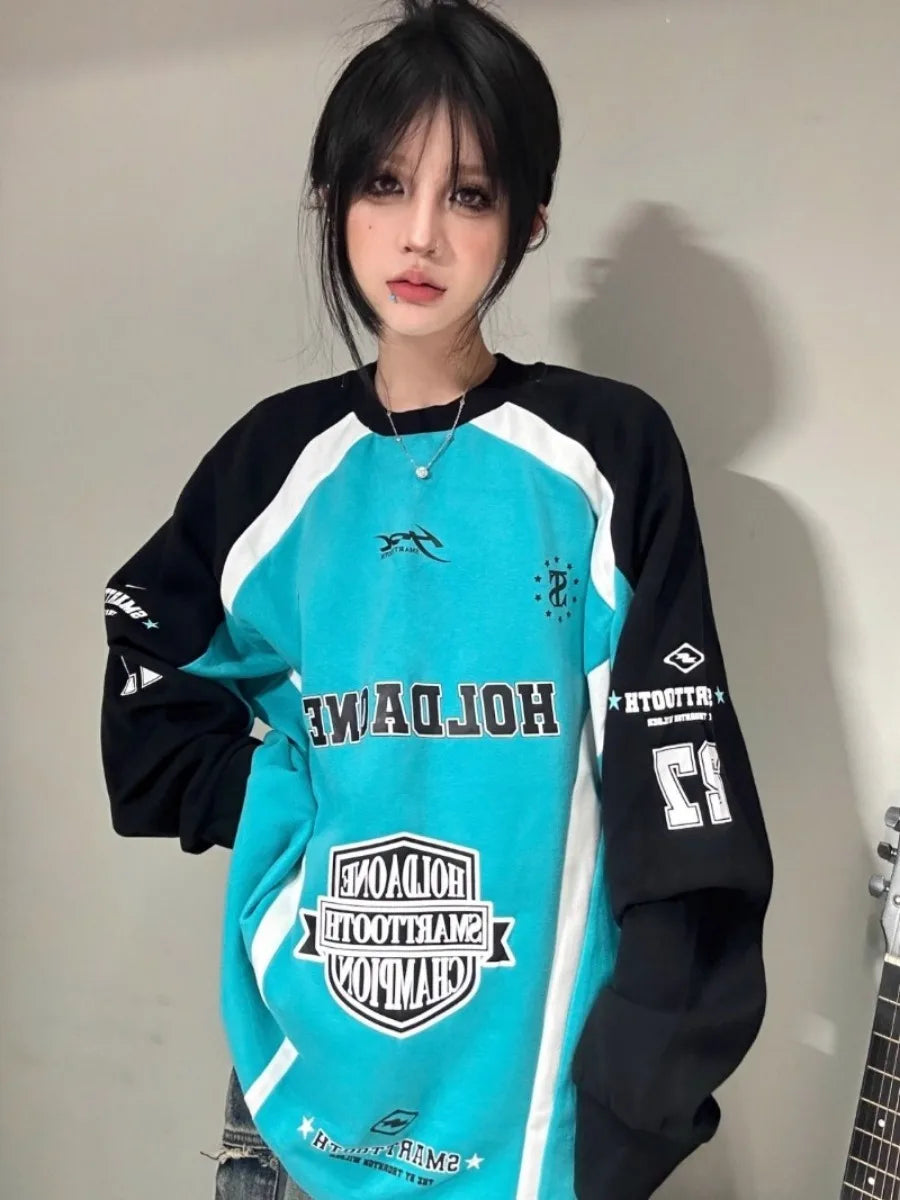 New American Retro Street Brand Color Matching Casual Color Matching Sweater Male Loose Couple Long Sleeve Racing Jacket Female