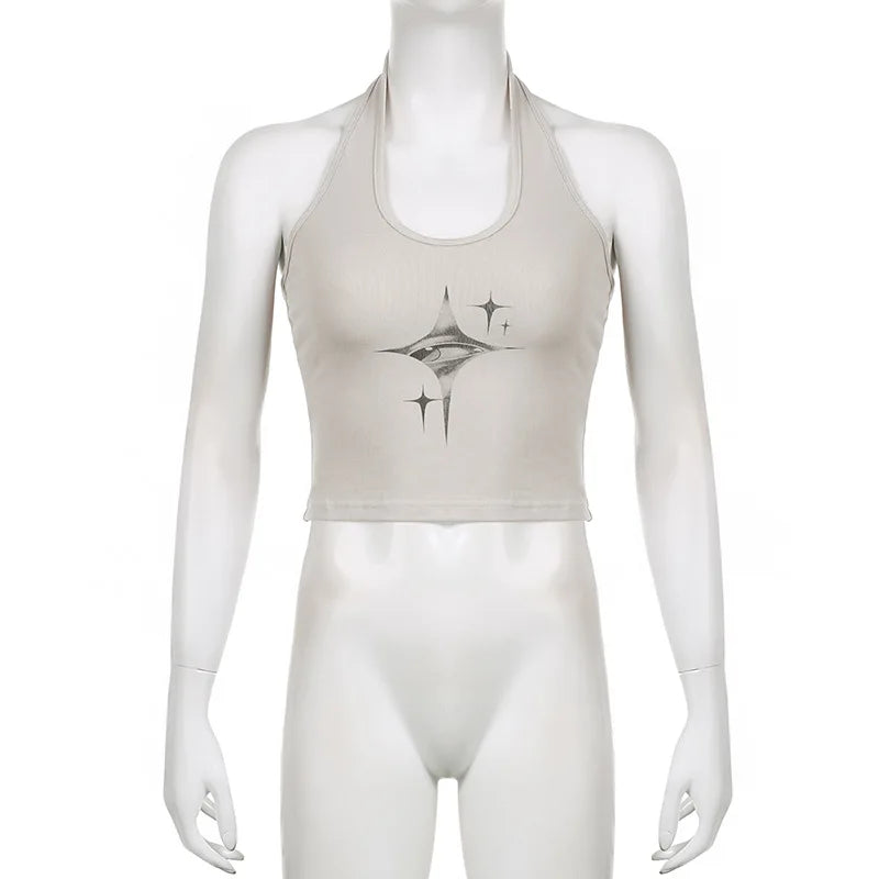 Top Women Y2k Devil's Eyes Retro Print Hanging Neck Suspender Vest Women's Summer Korean Fashion Slim And Slimming Short Top