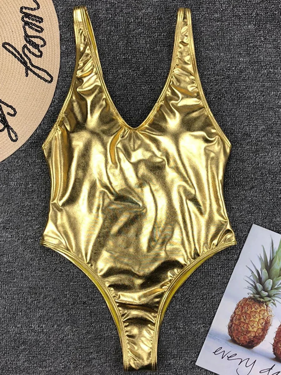 Shiny PU Faux Leather Women Swimwear One Piece Swimsuit Female Monokini High Cut Bikini Set Bathing Suit Swim Beachwear Bodysuit
