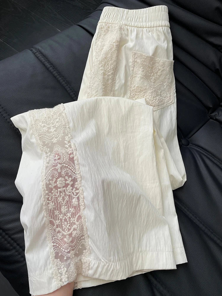Zoki Lace Patchwork Sweet Pants Women Casual Korean High Waist Fashion Straight Trousers Loose Chic Female Summer Design Pants