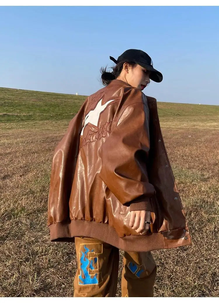 American retro letter embroidery leather Jacket Coat women's Y2K street hip-hop trend baseball suit couple casual leather jacket