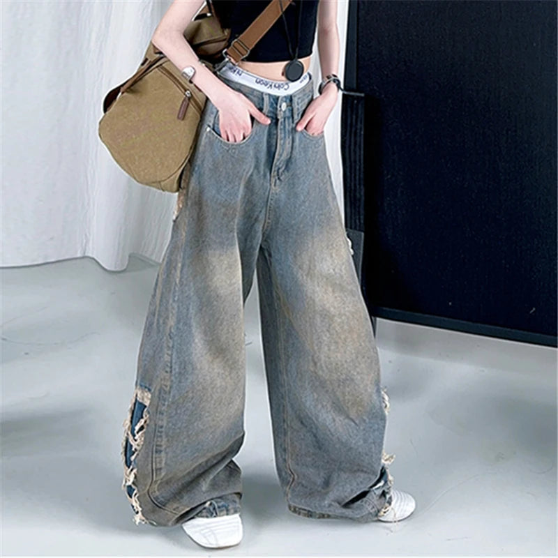 Kids Child American Vintage Washed and Distressed Jeans with Side Hole For Girl High Street Fashion  Wide Leg Broken Denim Pants