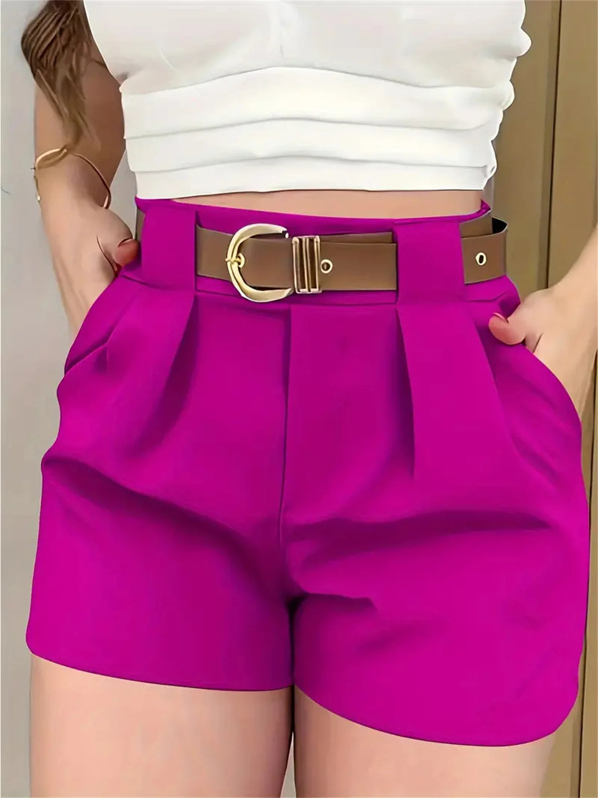 Women Fashion High Waist Shorts Summer Solid Color Pocket Belt Short Pant Elegant Office Lady Clothes Female Casual Street Pants