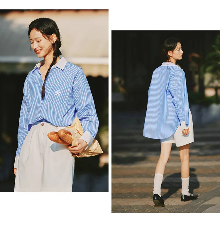 Semir Long Sleeve Shirt Women Mid-long Style Striped Pure Cotton 2025 New Spring Embroidery Oversize Blouse for Commuting