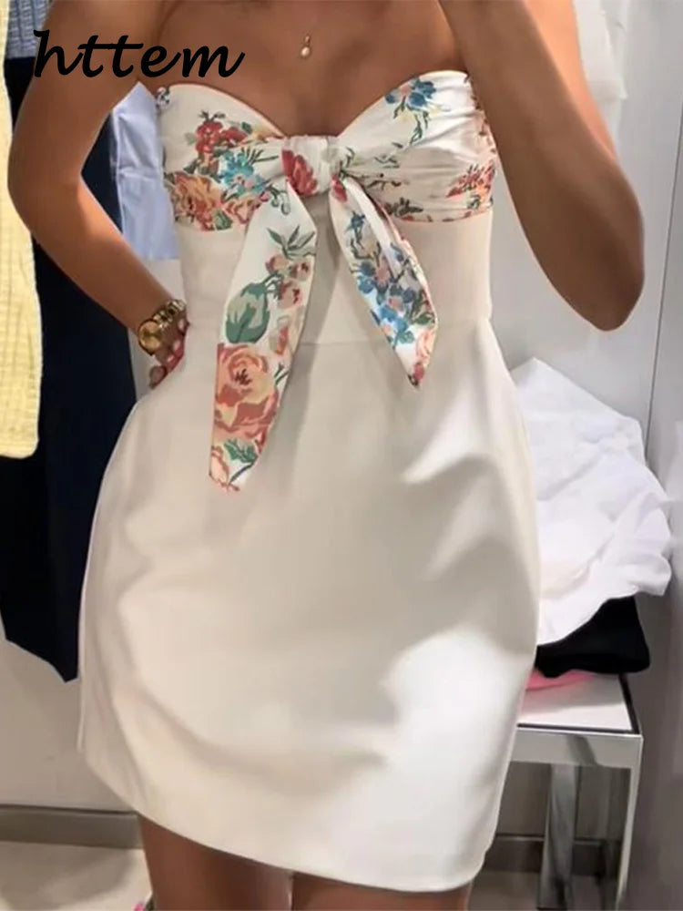 Sexy Women's Printed Bow Short Dress Patchwork Strapless Sleeveless Backless Party Dresses Female 2025 Summer Lady Chic Robes