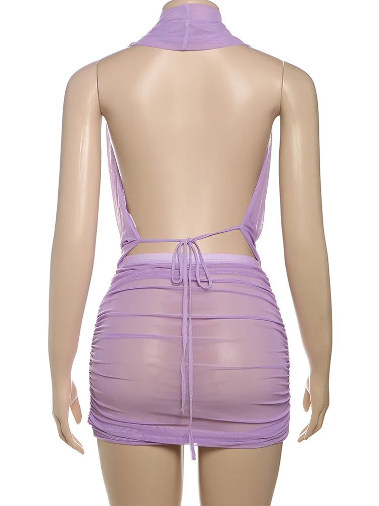 kliou Mesh Swinging Pleated Women 2 Piece Set Summer Solid Simple Halter Backless Chic Tops+Shirring Mini Skirts Coordinate Suit