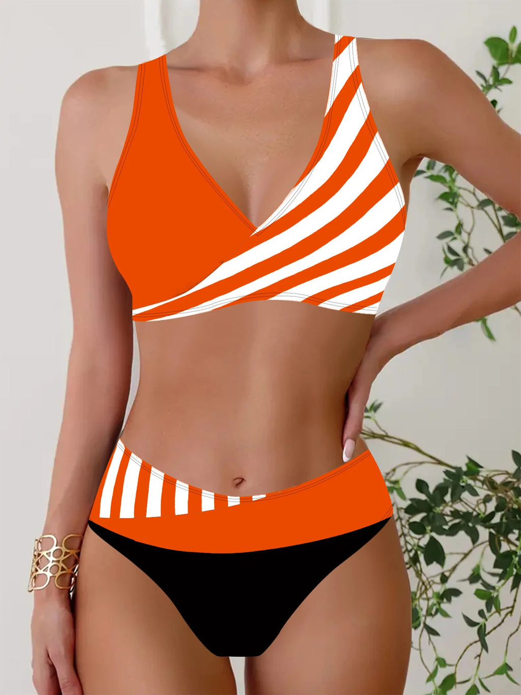 Sexy Women's Fashion Casual Classic Black and White Printed Women's Vacation Two-piece Bikini Set S-5XL