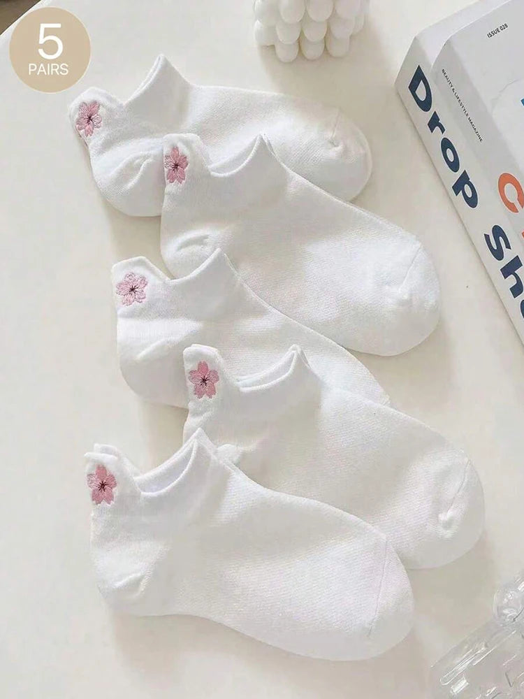 5 Pairs Women Cartoon Short Socks Trendy Versatile Cute Flower Pattern Socks Sweat Absorbing Breathable Soft And Casual Socks