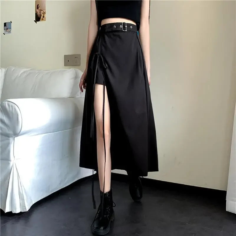 Vintage Dark Gothic High Split Mid-Calf Skirts Women Elegant Fashion Party Club High Waist Femme Bottom Streetwear Goth Skirt