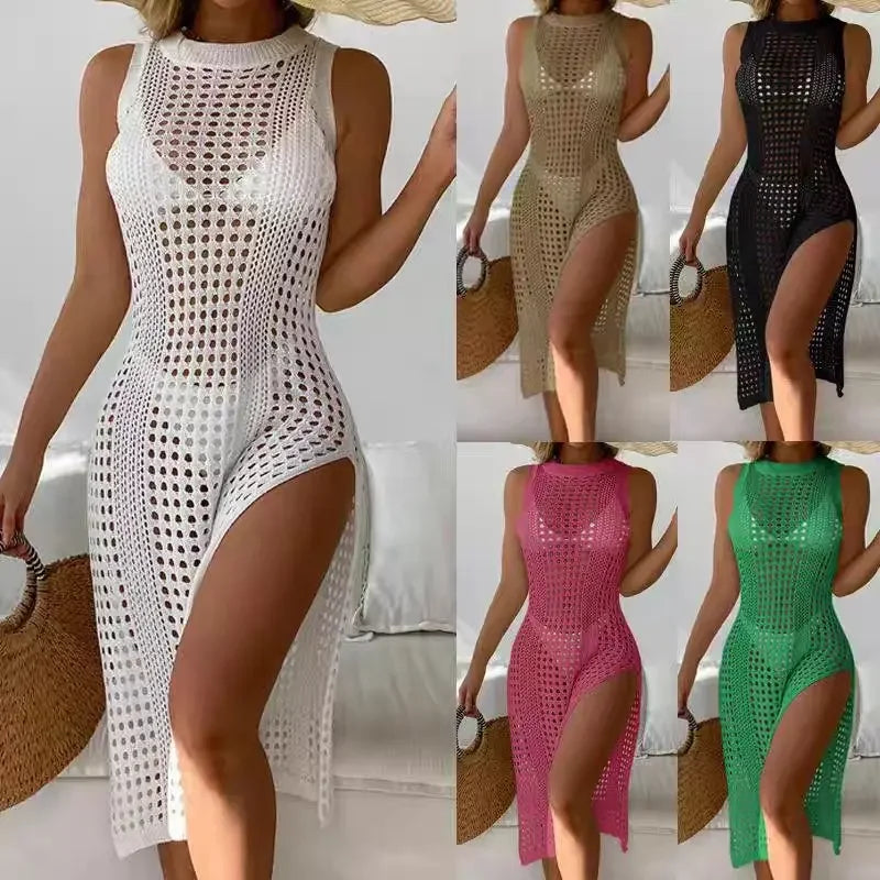 Women's holiday sexy cutout crochet cover swimsuit sleeveless bikini dress smock high slit beach knit solid swimsuit
