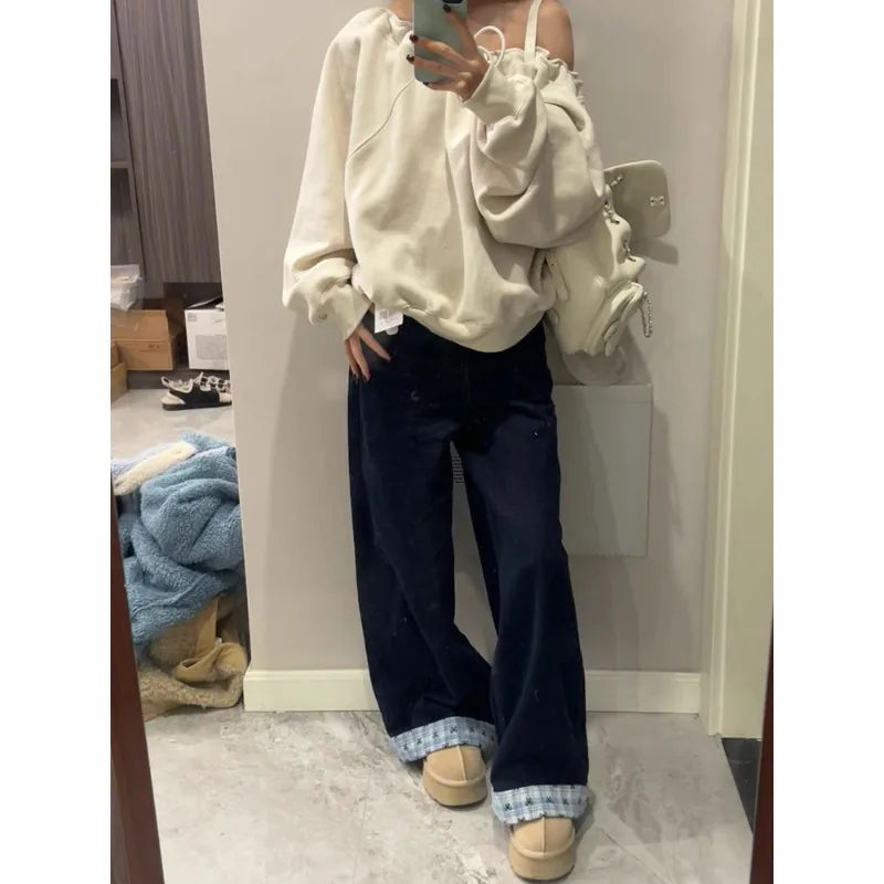 High Waist Turn-Up Wide Leg Straight Denim Pants Women Summer Japanese High Street Bow Knot Plaid Design Casual Patchwork Jeans