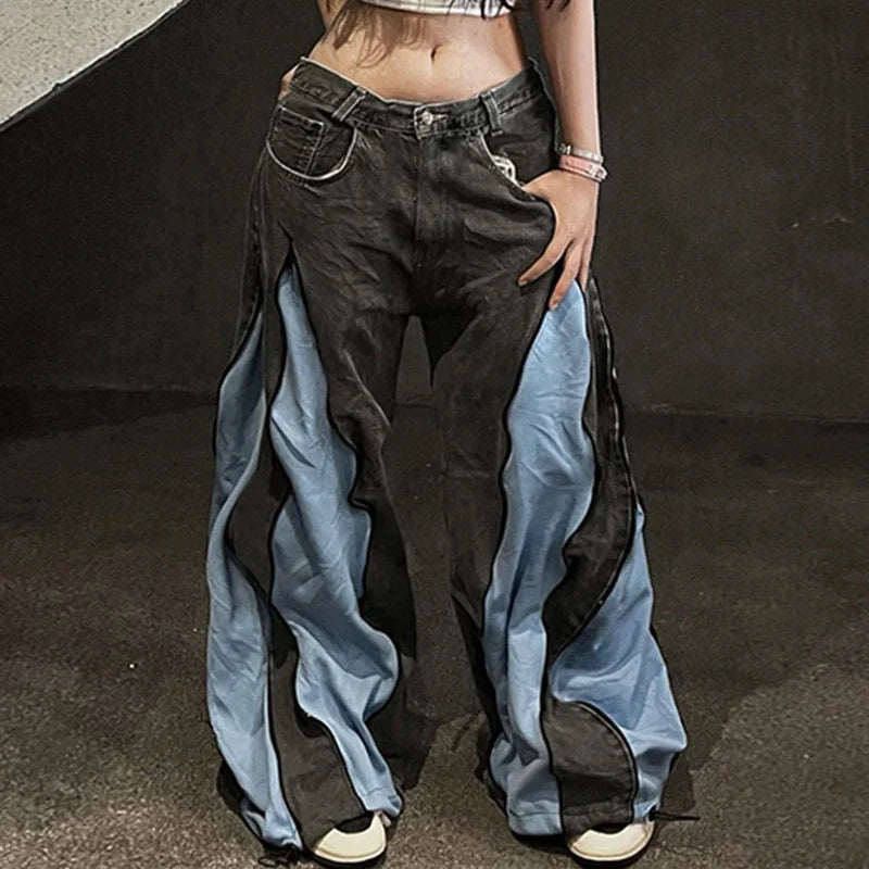 Women's Hip Hop Two-tone Patchwork Low Rise Zipper Denim Pants Baggy Wide Leg Dragging Designer Trousers High Street Jeans Pants