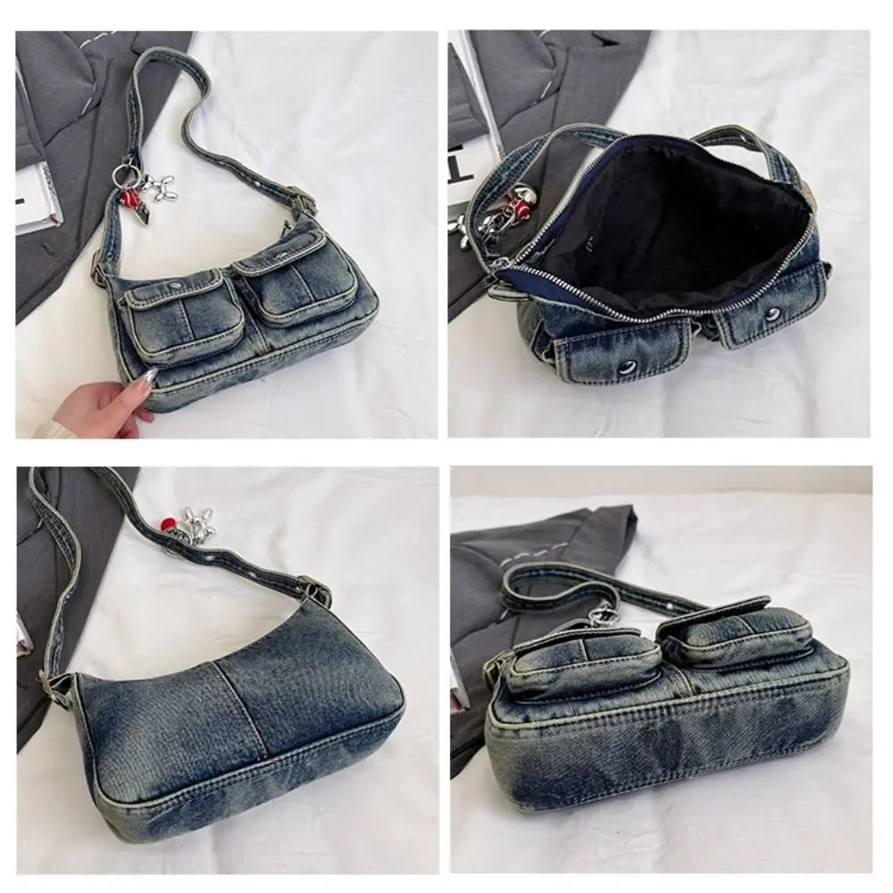 Fashion Handbag Retro Denim Bag Underarm Bag Crossbody Bag Spicy Girl Shoulder Bag Armpit Bag Y2K Cloth bag Shopping