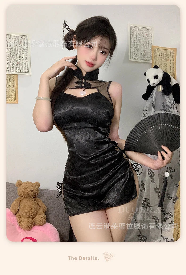 Sexy Cheongsam Mini Dress Mesh Lace Sheer Charming Underwear Uniform Transparent Slim Side Straps Dress Elegant Tops HE1O