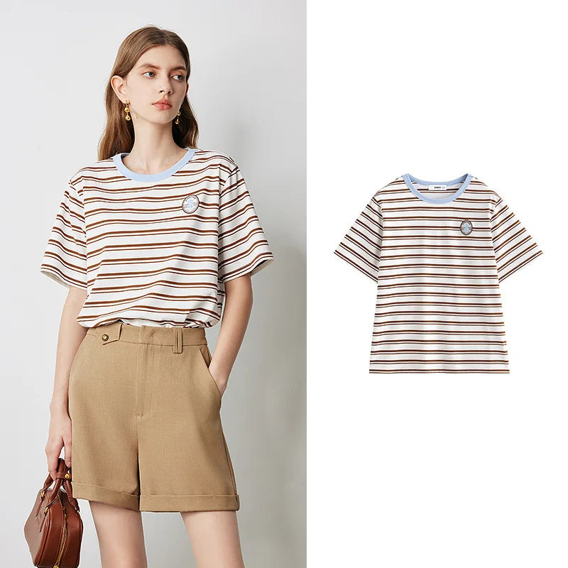 TOYOUTH Women Striped Short Sleeved T-shirt 2024 Summer New Academy Style Round Neck Top