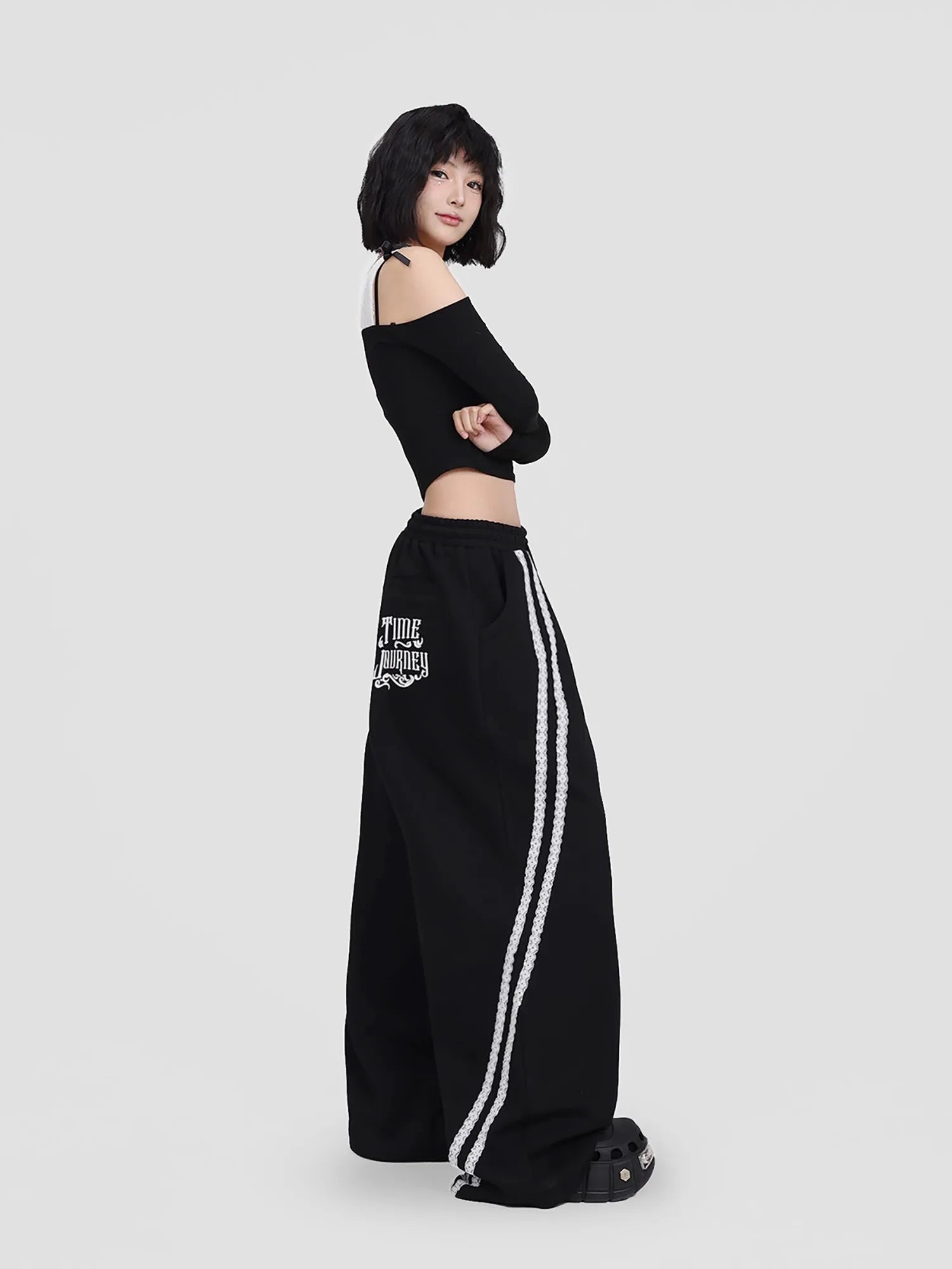 CBXLAB Street Dance Women' s Black lace pull-tab jazz pants K-pop spicy girl long pants street leisure pants trendy.