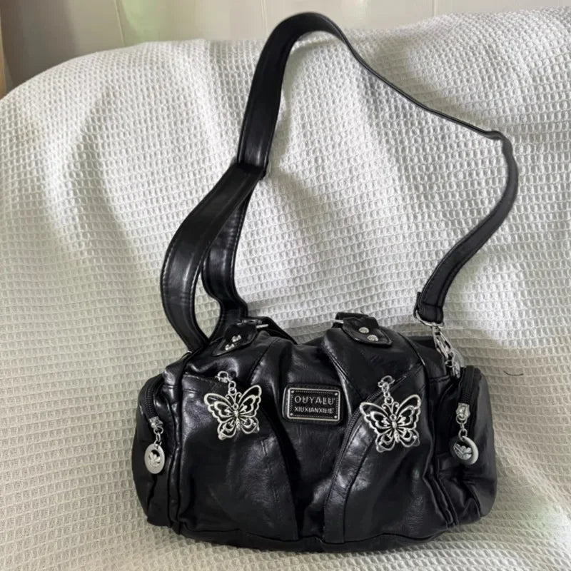 Xiuya Y2k Black Womens Shoulder Bag Gothic Original Advanced Fashion Tote Bag Large Capacity Leather Motorcycle Vintage Handbag