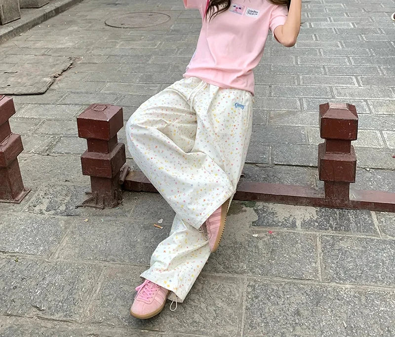 Zoki Stars Print Letter Cargo Pants Women Sweet Fashion High Waist Wide Leg Trousers Casual Loose Preppy Style Female Cute Pants