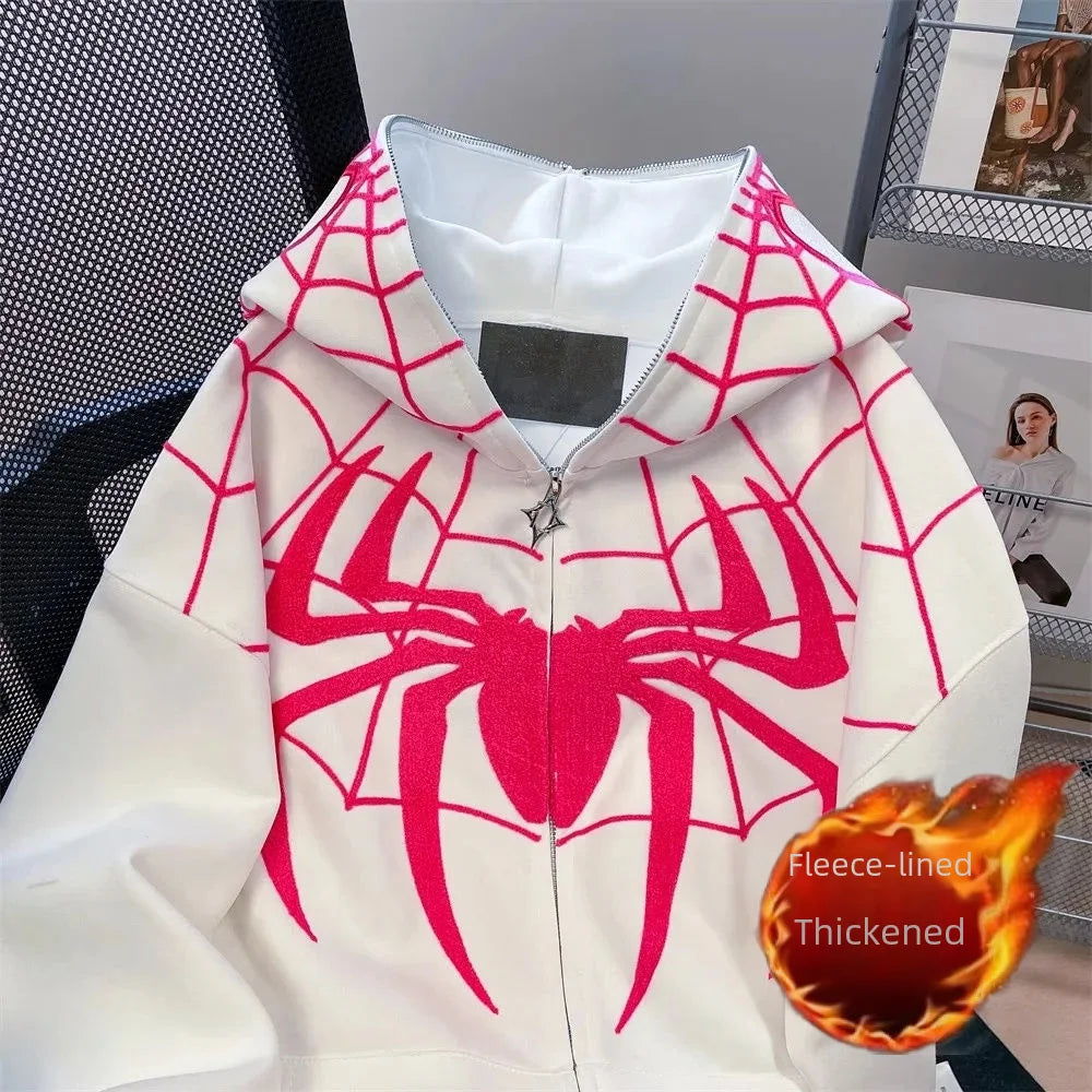 Autumn Winter Hip Hop Spiderman Hooded Sweatshirt Unisex Design Sensibility Niche Vibe Couple Jacket Cardigan
