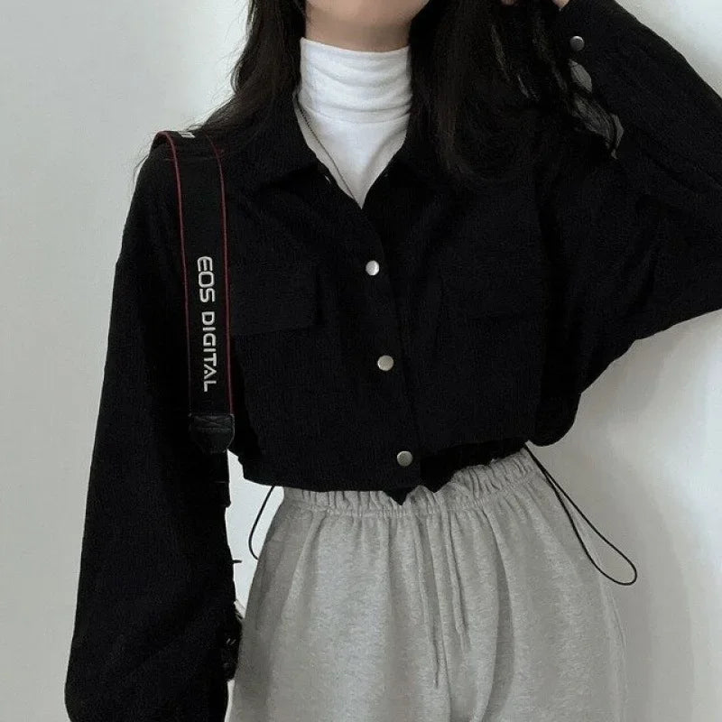 Chic Korean Vintage Simple Lapel Cropped Long Sleeve Shirt Top Corduroy Loose Fit Jacket For Women New Model 2023