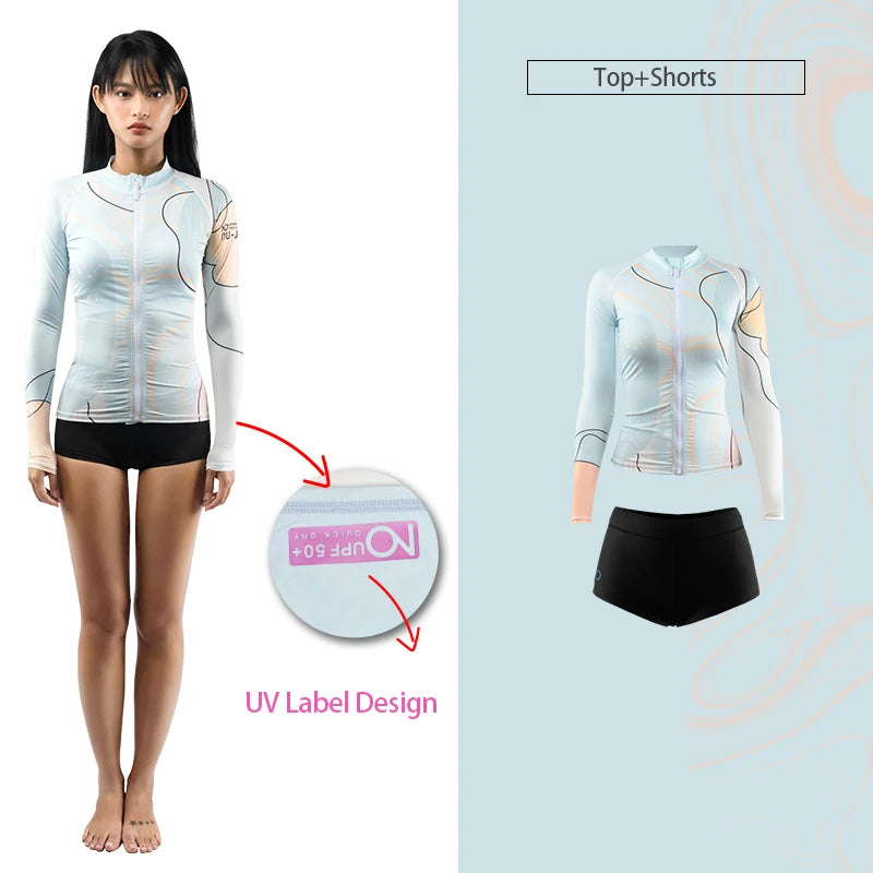 Nu-June Rash Guard Women's Long Sleeve Zipper Surfing Suit, Sun Protection, Quick Dry Bathing Suit, Front Zipper Swimsuit