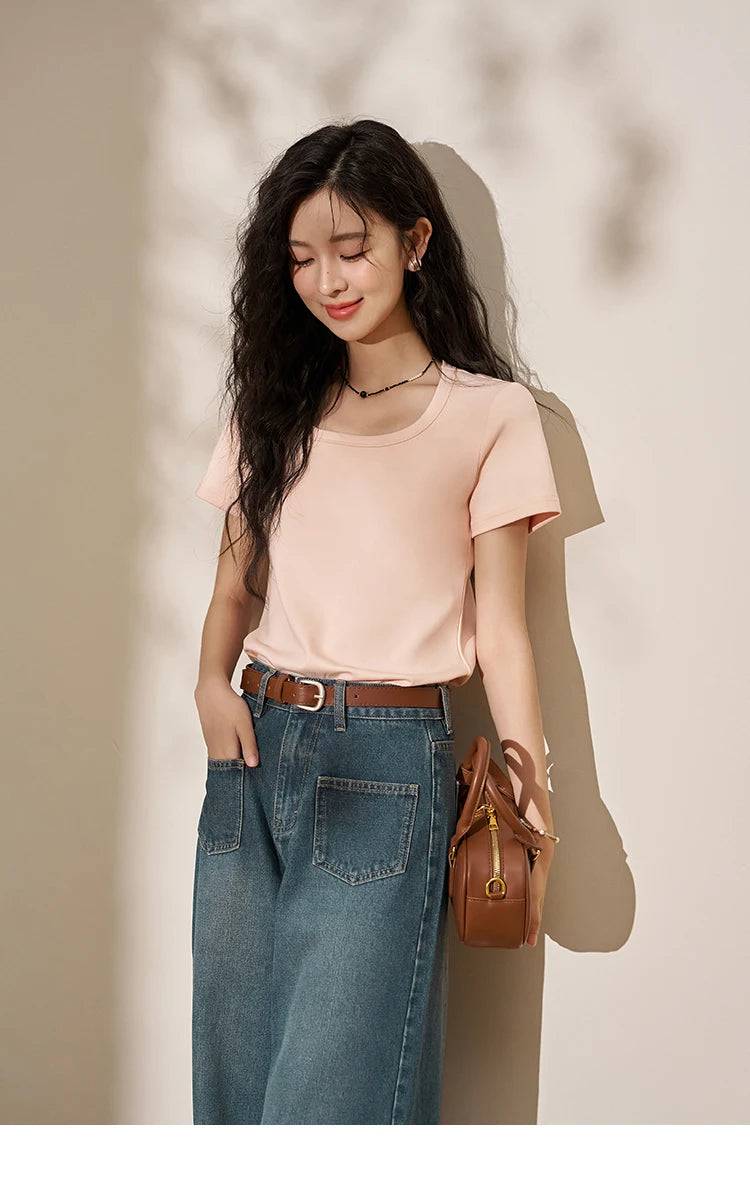 MISHOW Short Sleeve T-shirts Women Spring Solid Square-neck Top Elegant Woman Clothes Office Lady Cotton Tees MXC12T0641