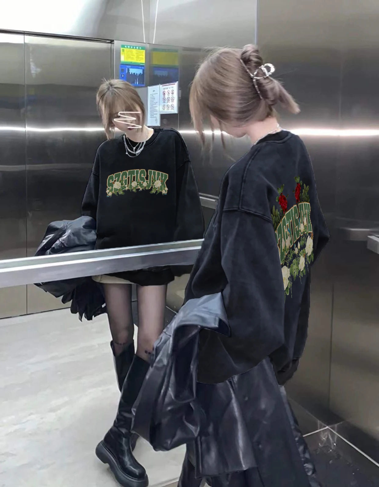 Design Sensation Rose Print Fce Lined Long Sve Women's Hoodie Street Sle Hip Hop Trendy Autumn Winter Top