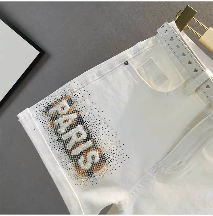 White Denim Shorts Women's 2023 Summer New European Station Loose High Waist Hot Pants Fashion Letter Diamond Jean Pants Ladies