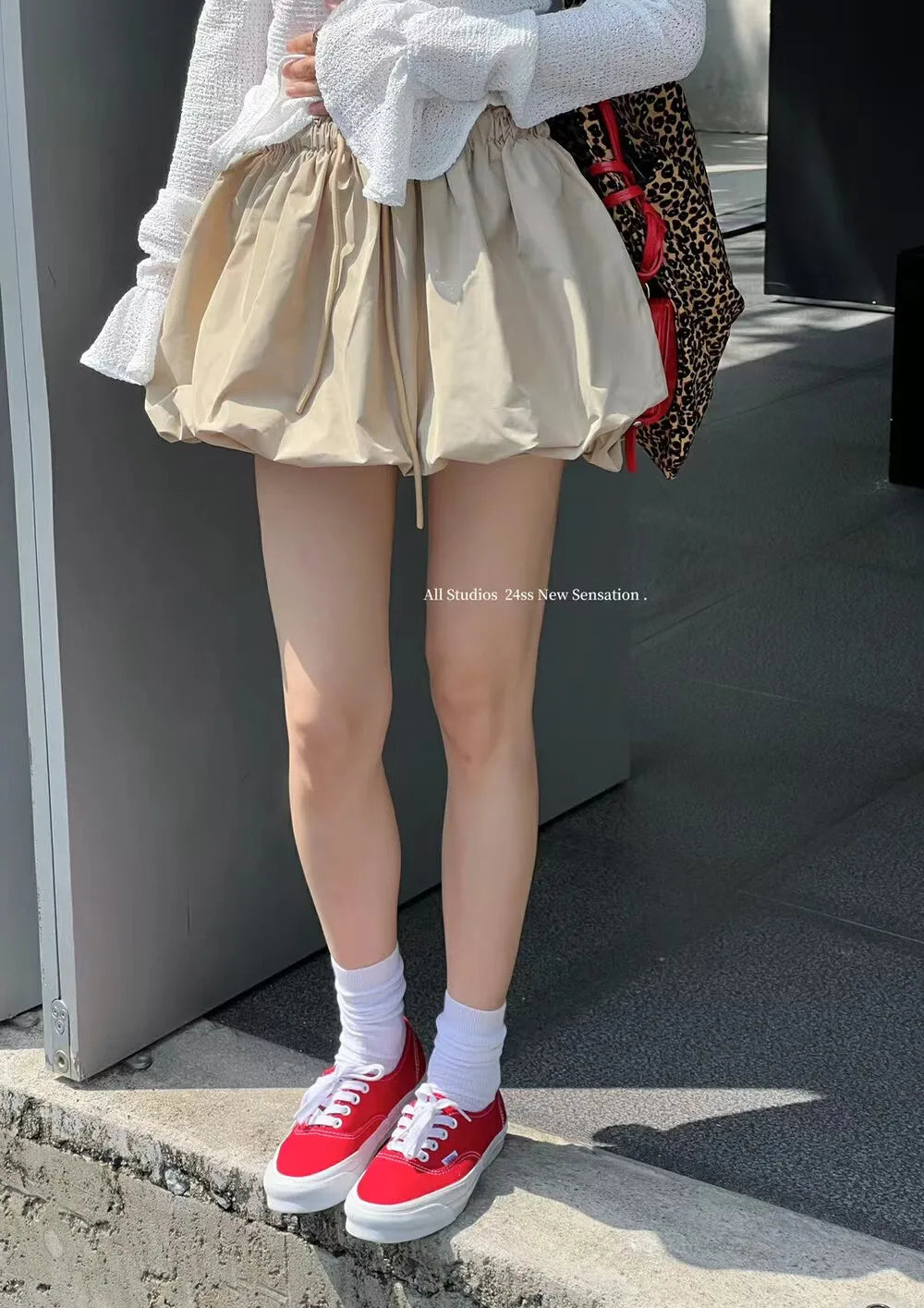 「MD」Retro Puffy Skirt Dstring Bloomer High Waist Slimming Elastic Waist f-length ort Skirt Sweet Sle Polyester Fiber