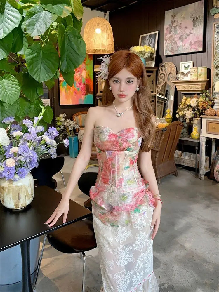 Summer Women Two Piece Set Floral Corset Top and Lace Midi Skirt Elegant Mesh Outfit Slim Fit Vintage French Style Beach Suit