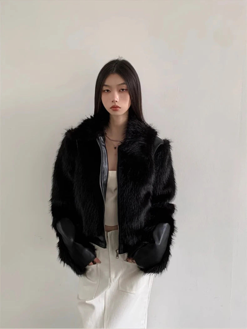 Lautaro Autumn Winter Cool Short Black Soft Thickened Warm Hairy Shaggy Patchwork Faux Fox Fur Coat Women Fluffy Jacket 2023