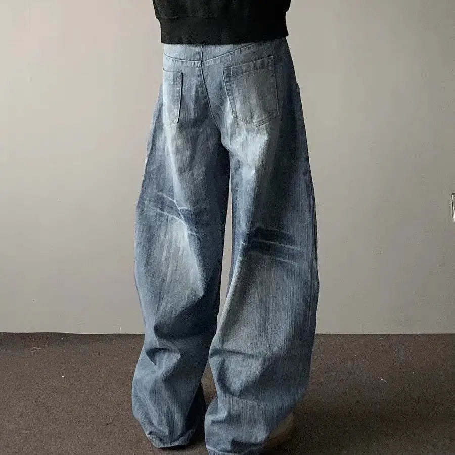 High street American men and women trendy hip-hop washed curved knife jeans for couples loose retro wide leg casual pants y2k