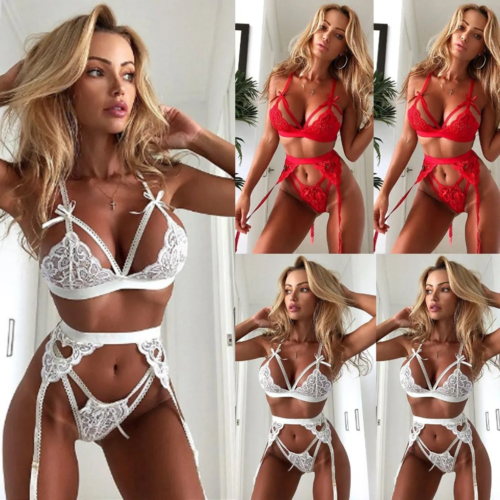 Leechee Sexy Women's Underwear Floral Lace Lingerie Set With Garter Black Wire Free Brassiere Transparent Underwear Bra Sets