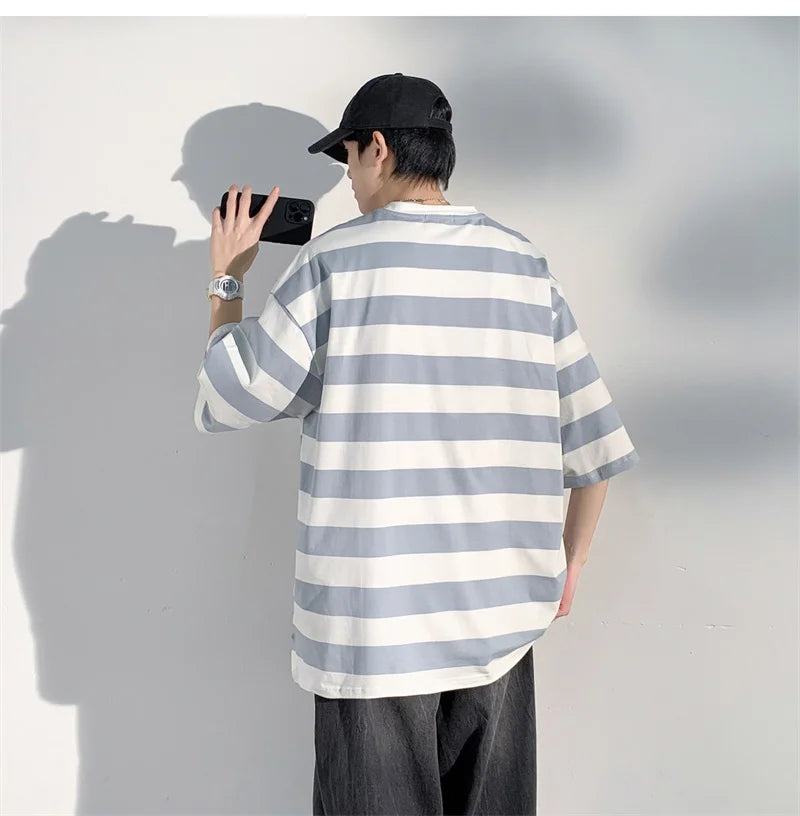 Men's Cotton T-shirt Striped Mens Oversized T Shirts Split Hem Fashion Tee Shirts Casual Wear Summer Tshirt 5XL Big Size for Man