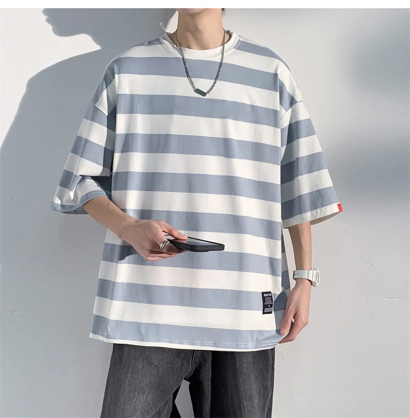 Men's Cotton T-shirt Striped Mens Oversized T Shirts Split Hem Fashion Tee Shirts Casual Wear Summer Tshirt 5XL Big Size for Man