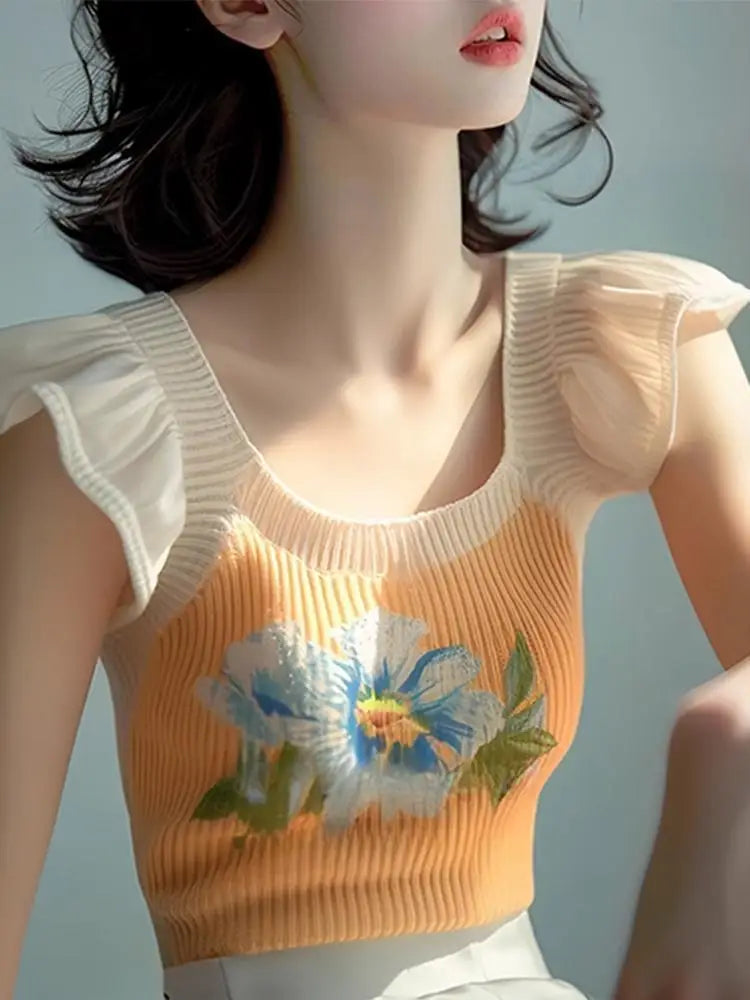 Yellow Rose Printed Knitted Splicing Ruffled Short-sleeved T-shirt for Women 2025 New Summer Niche Non-contrast Top