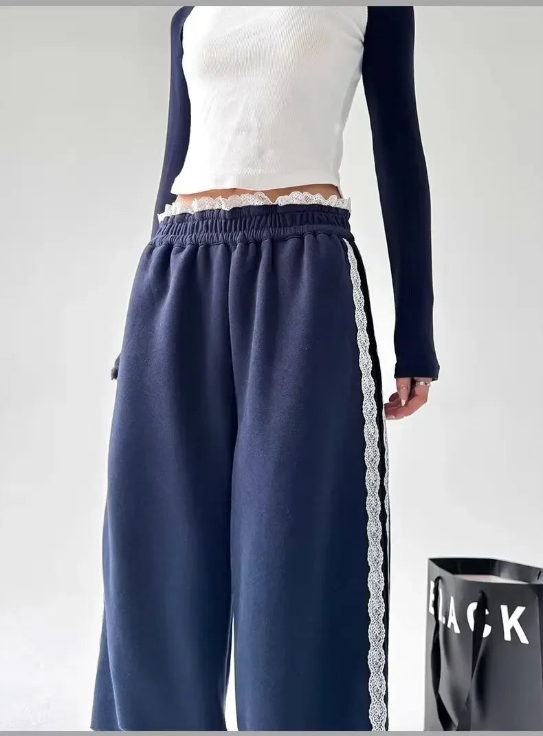 Trendy Casual Wide Leg Pants Women's Autumn Winter High Waist Splicing Lace Trim Drapey Slimming Sporty Trousers
