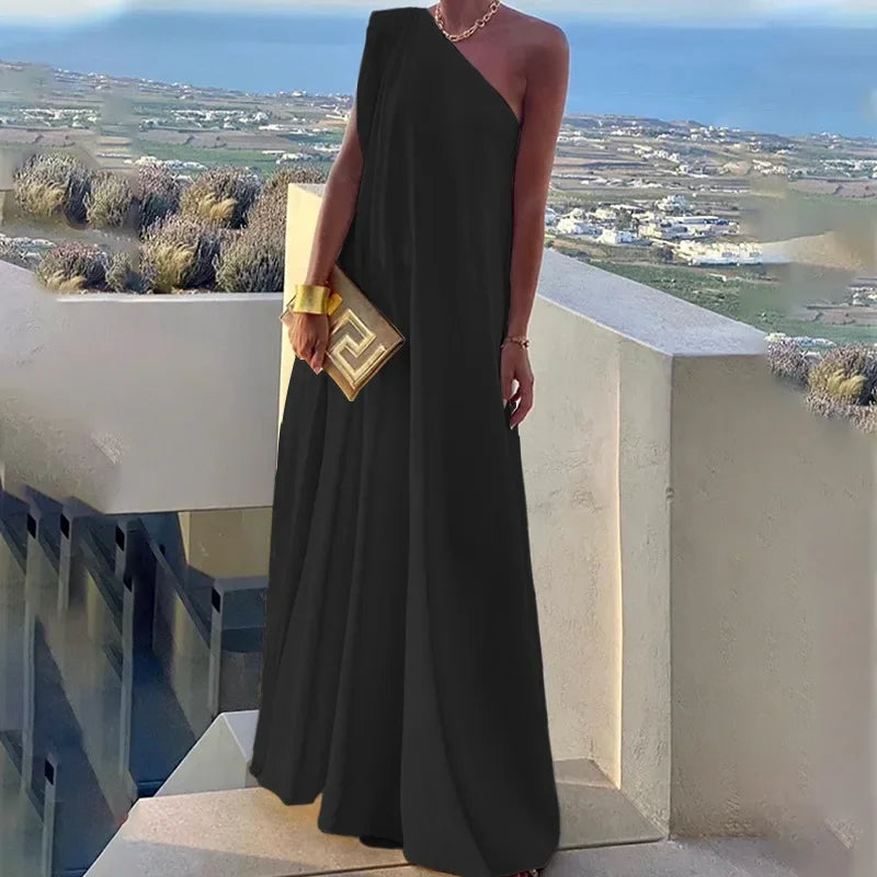 2024 Spring New Women's Fashion One Shoulder Solid Color Sleeveless Banquet Gown Long Dress Vestidos De Mujer