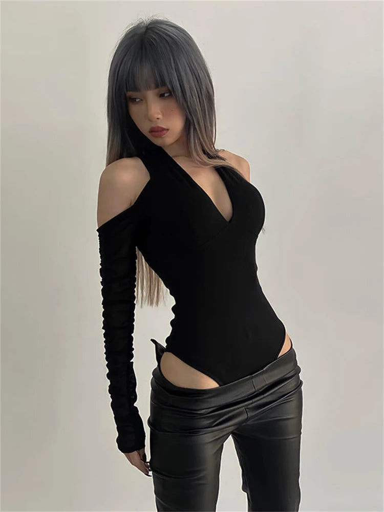 Vintage Off Shoulder Hollow-out Slim Bodycon Jumpsuit Sexy V-neck Y2K Halter Long Sleeve Body Tops Club Outwear Bodysuits Women
