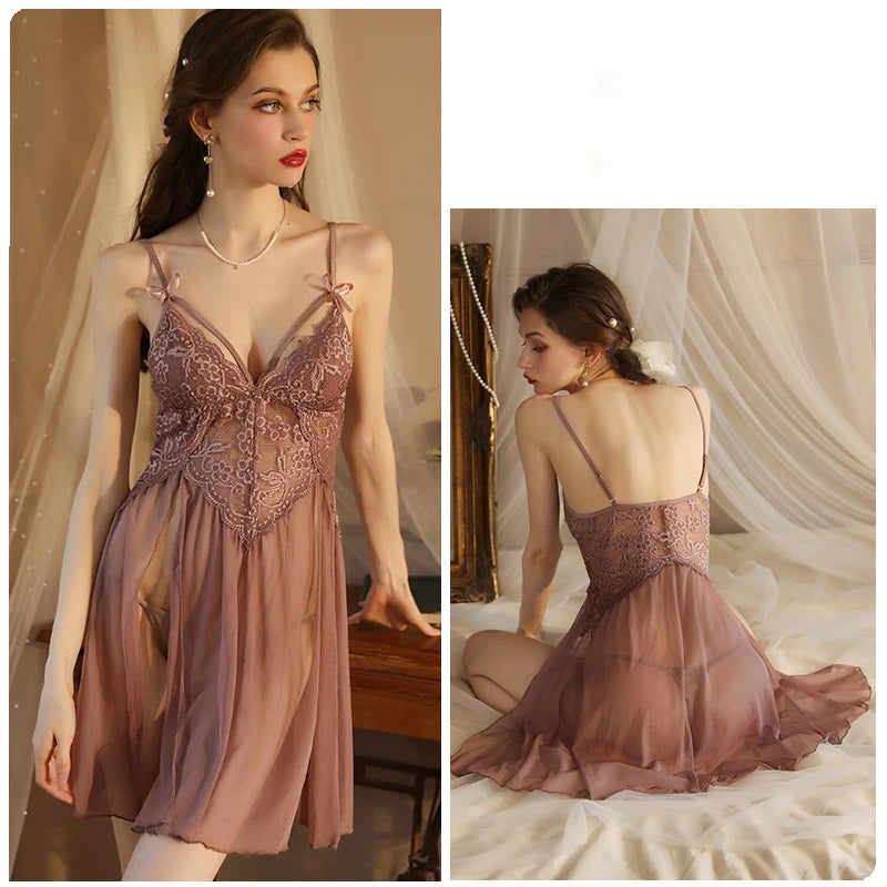 Deep V Lace Sexy Female Lingerie Cute Bow Tie Mesh Nightgown For Women Wholesale Large Size Hollowed Backless Embroidery Pajamas