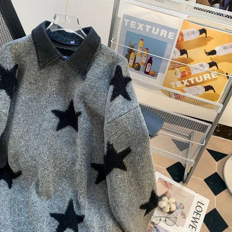Zoki Star Print Y2K Sweaters Women American Red Patchwork Knitted Jumpers Tops Loose Female Design Turn Down Collar Pullovers