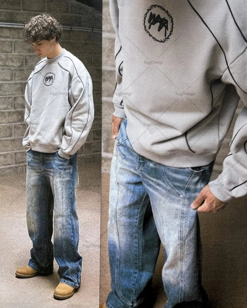 Punk Fashion Striped Casual Round Neck Oversized Hoodies Men New American Street Hip-hop Harajuku Retro Y2K Loose Sweatshirt