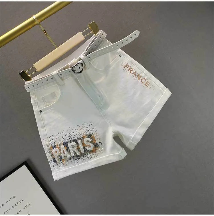 White Denim Shorts Women's 2023 Summer New European Station Loose High Waist Hot Pants Fashion Letter Diamond Jean Pants Ladies