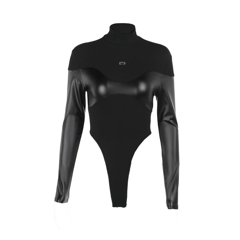 Long Sleeve Bodycon Lenceria Femenina Turtleneck Lingerie Sexy Body Feminino Black Tops Women PU Patchwork One-Pieces Bodysuit