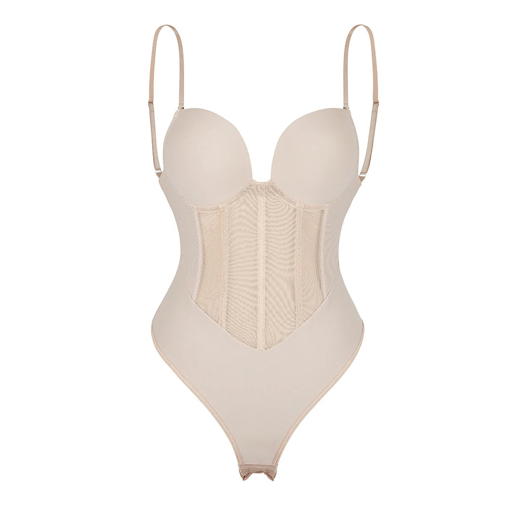 Women's Body Shaper Compression Bodysuit One Piece Backless Shapewear With Bra Corset Slimming Underwear Black Beige