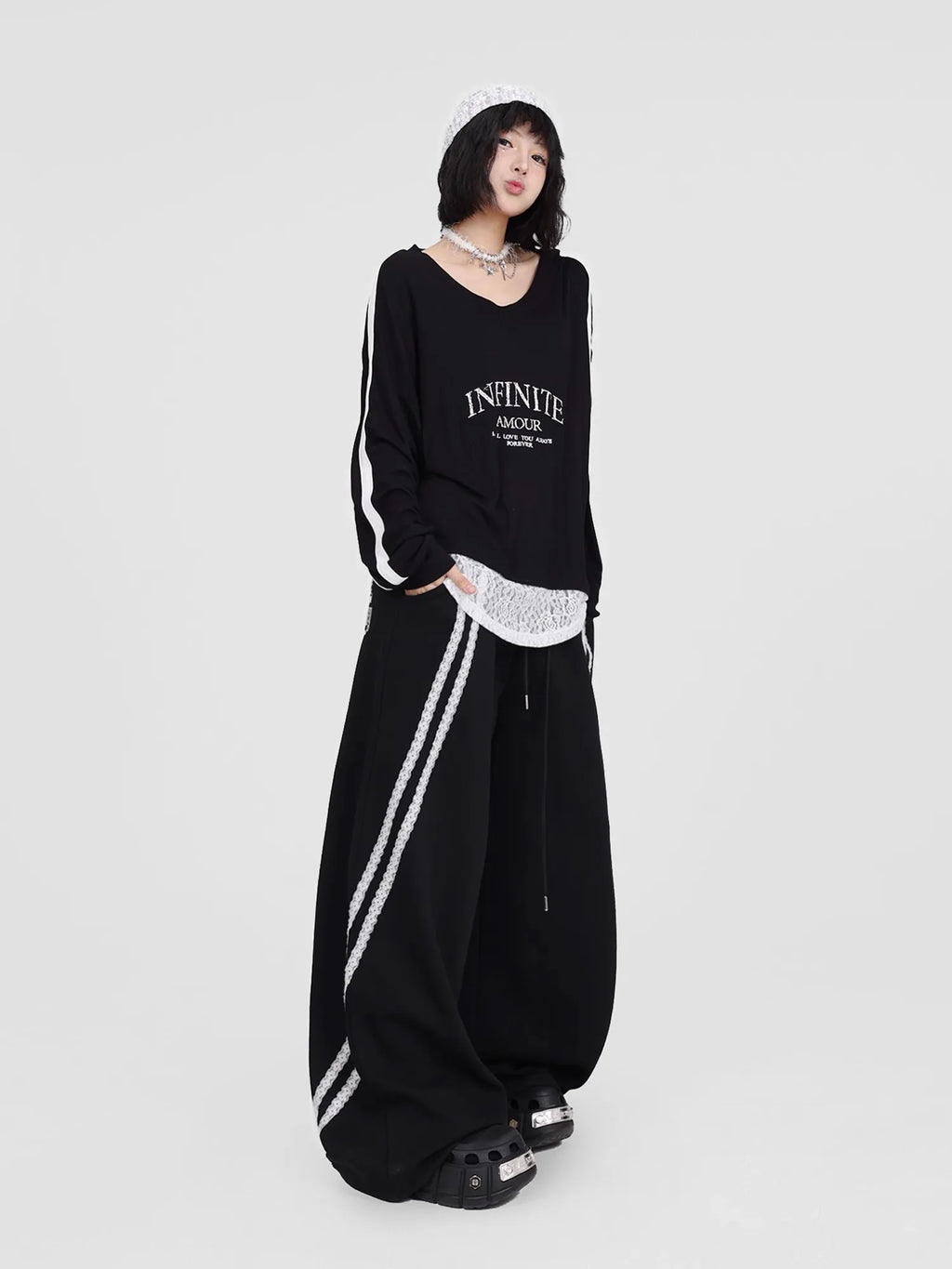 CBXLAB Street Dance Women' s Black lace pull-tab jazz pants K-pop spicy girl long pants street leisure pants trendy.