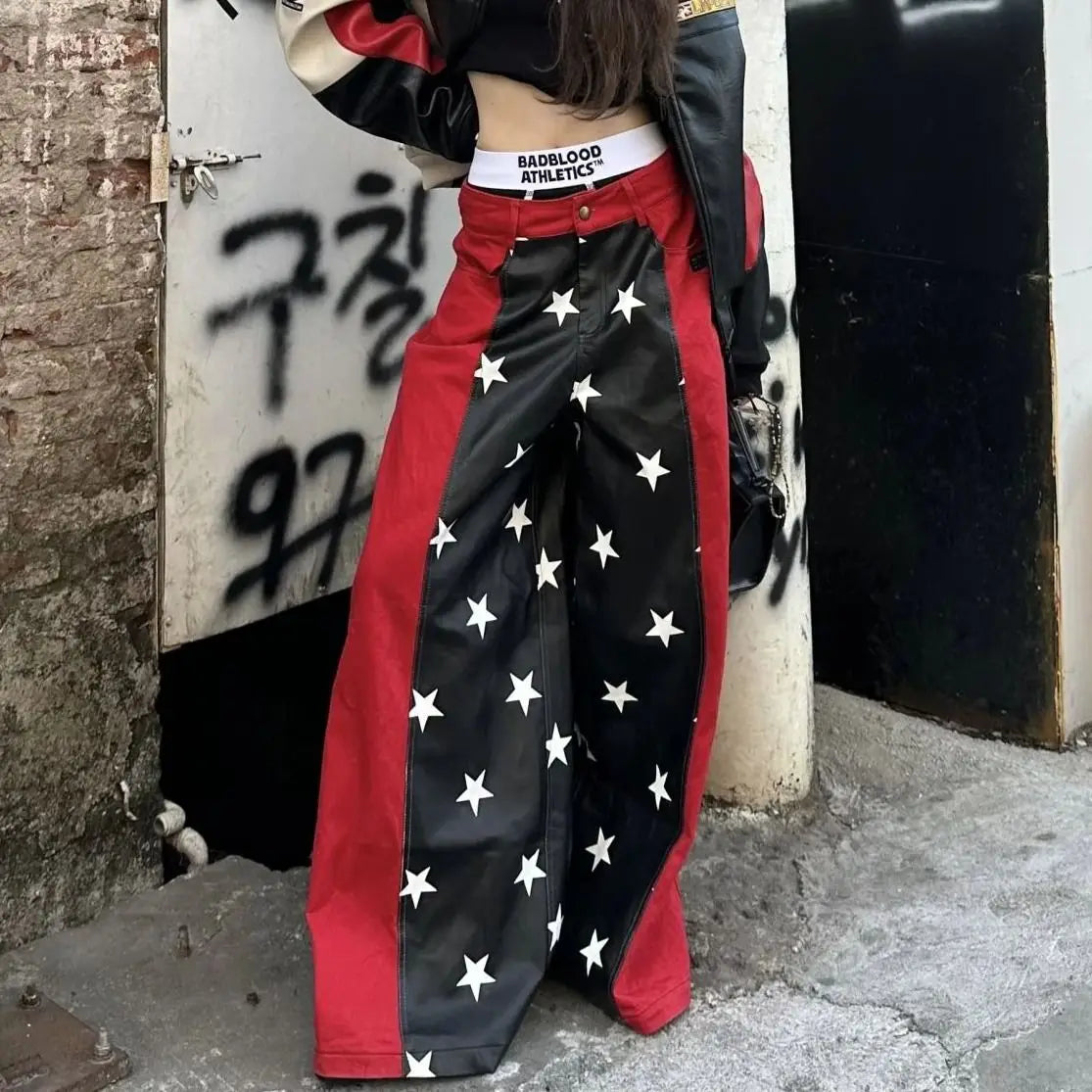 2025 Fall Winter Y2K Sweet Grunge Star Print PU Leather Patchwork Jeans Women Oversized Baggy Streetwear Wide Leg Pants