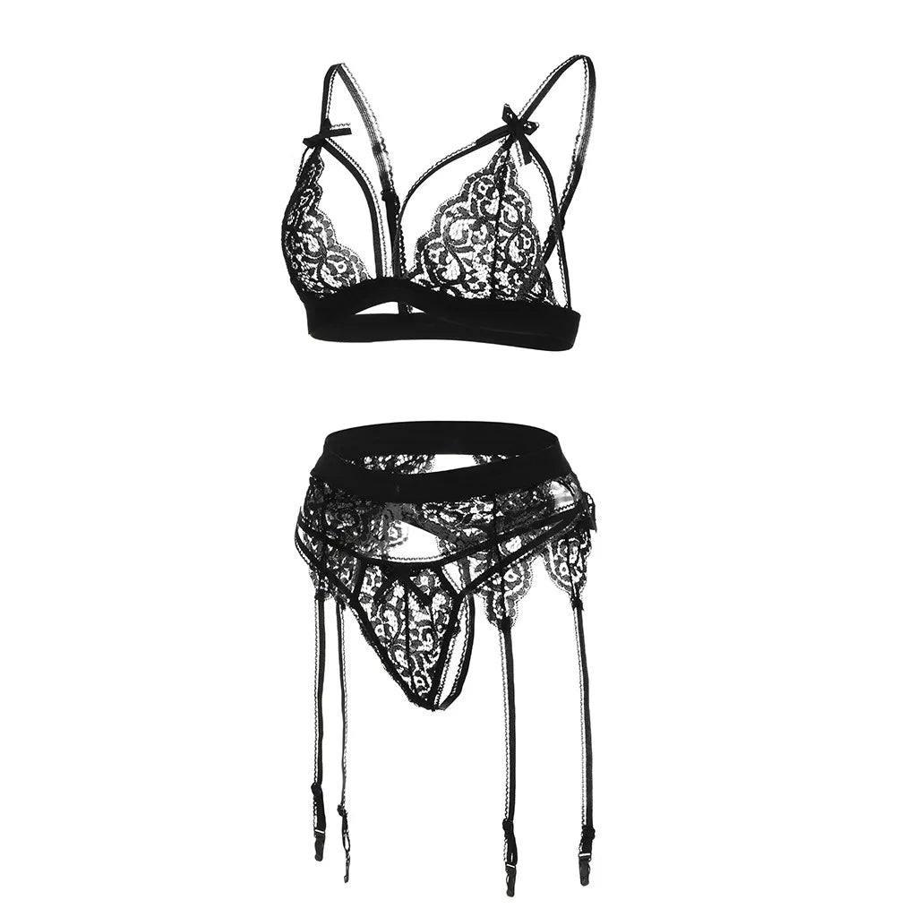 Leechee Sexy Women's Underwear Floral Lace Lingerie Set With Garter Black Wire Free Brassiere Transparent Underwear Bra Sets
